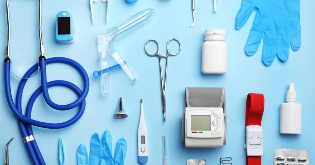 Flat lay composition with medical objects on color background